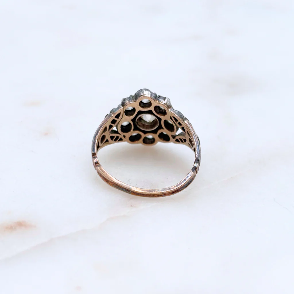 Antique Old European Cut Diamond Cluster Silver-Topped Gold Ring - Image 3