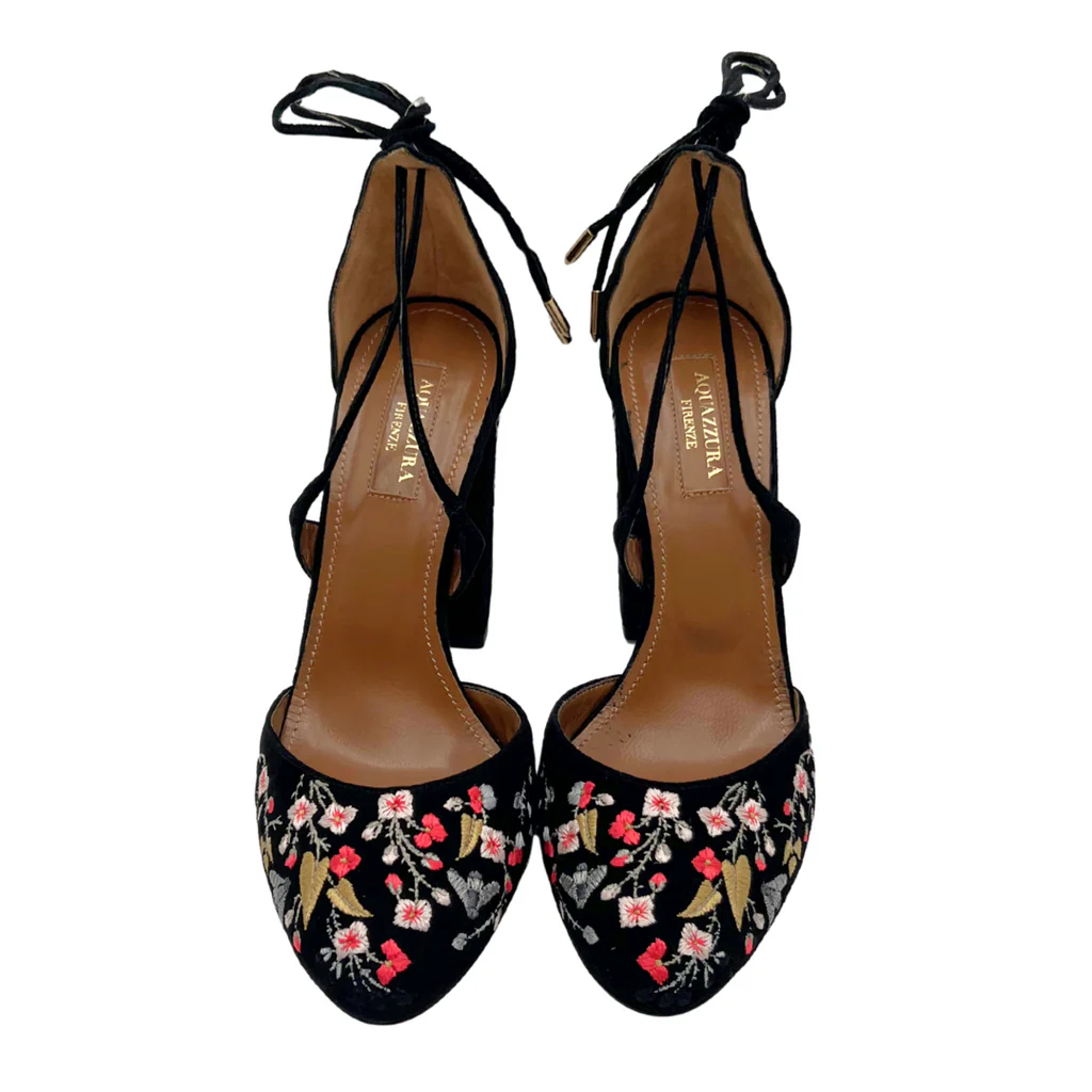 Aquazzura Black Floral Embroidered Block Heels, 37.5 - Image 3