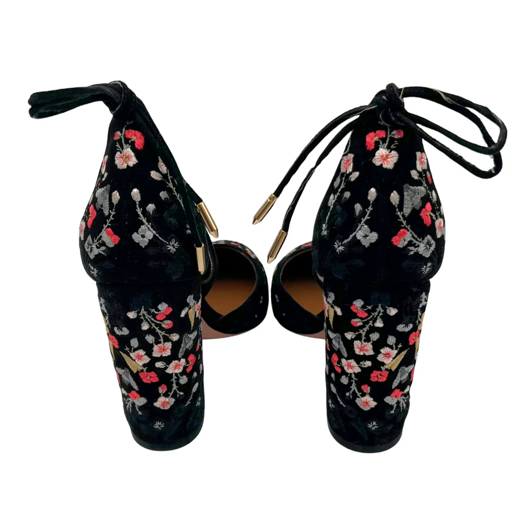 Aquazzura Black Floral Embroidered Block Heels, 37.5 - Image 4