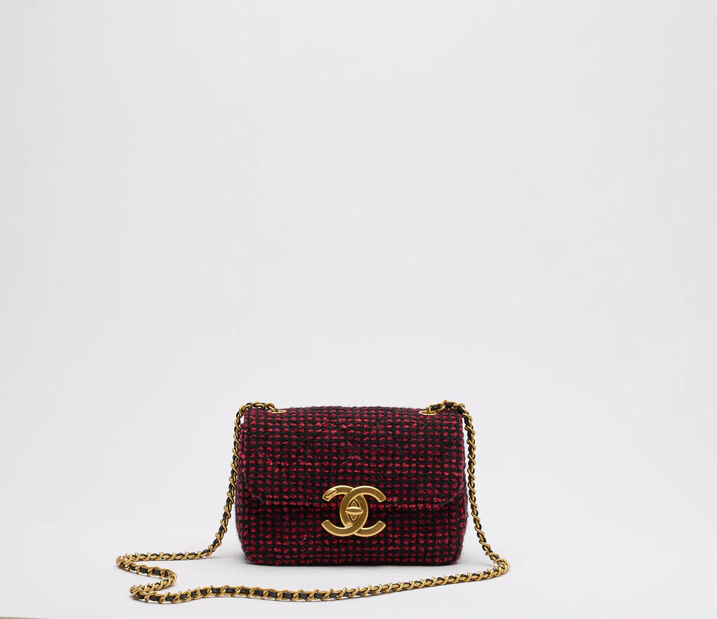 Chanel Burgundy & Black Tweed Large Turnlock CC Mini Square