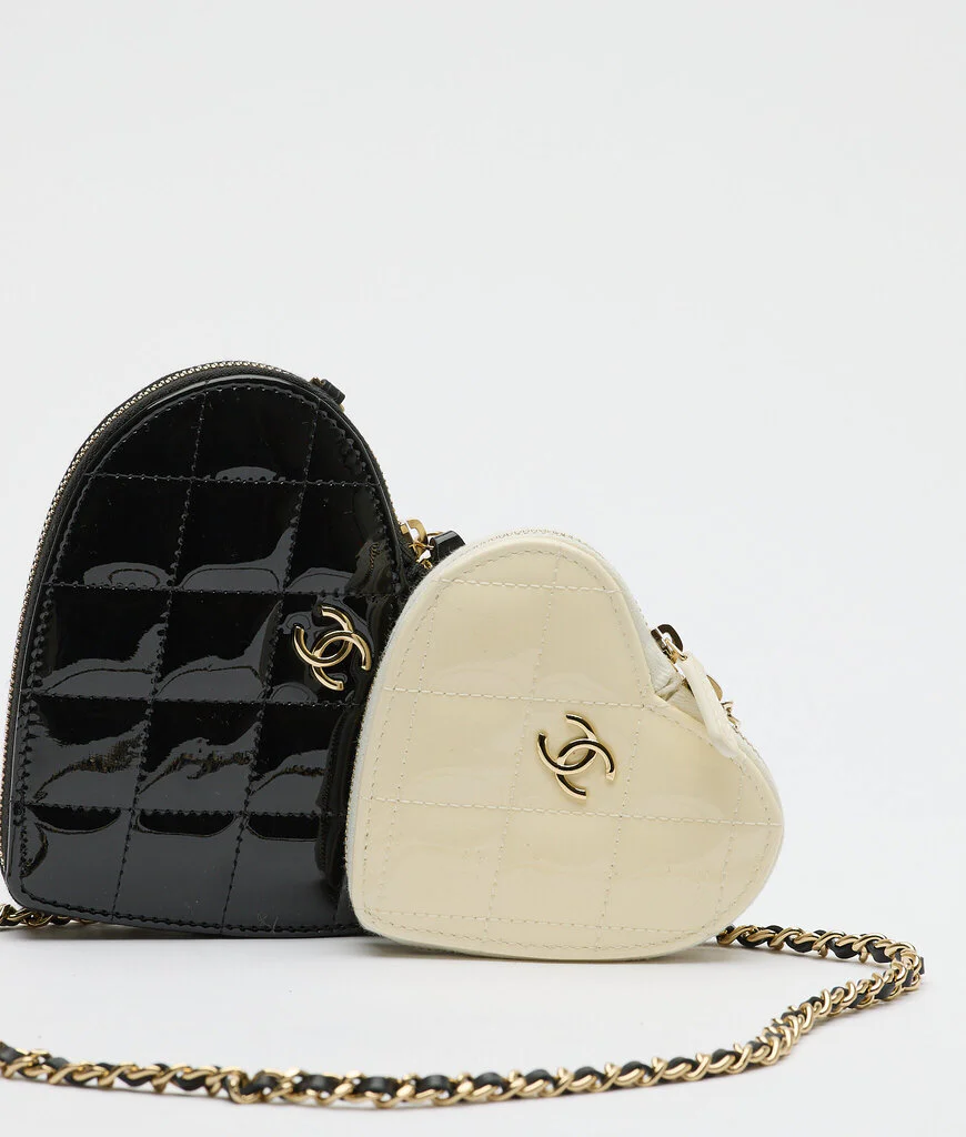 Chanel Patent Black & White Calfskin Resin Quilted Hearts - Image 2