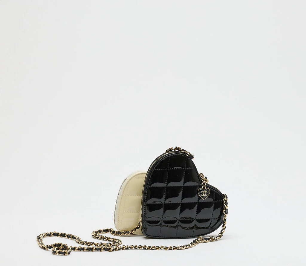 Chanel Patent Black & White Calfskin Resin Quilted Hearts - Image 3