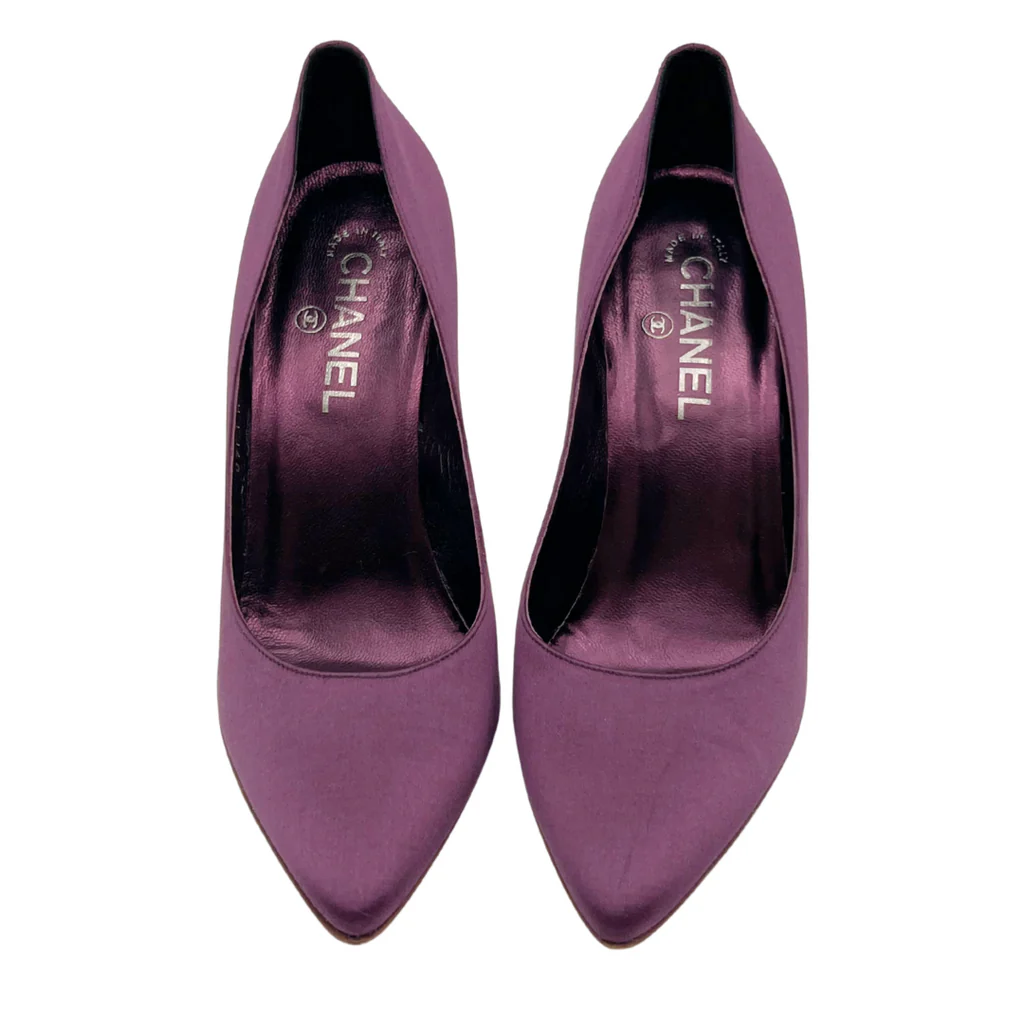 Chanel Purple Satin Clear Heels, 38 - Image 3