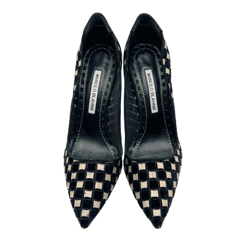 Manolo Blahnik Black/Tan Checkered Pumps, 38 - Image 3