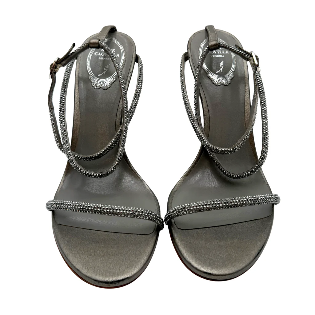 Rene Caovilla Grey Crystal Ankle Wrap Sandal, 40 - Image 3
